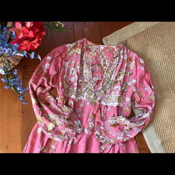 Boho Gypsy Hendrix Floral Pink Peasant Dress Gown hippie free spirit bohemian L - Picture 14 of 14